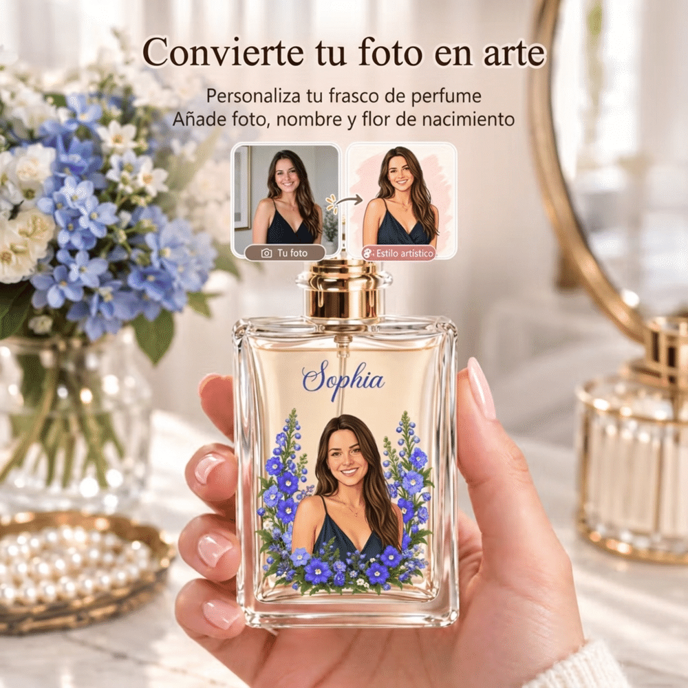 Frasco de perfume recargable personalizado con foto retrato, flor de nacimiento y nombre - Regalo de cumpleaños para mujer, chica y amiga 2