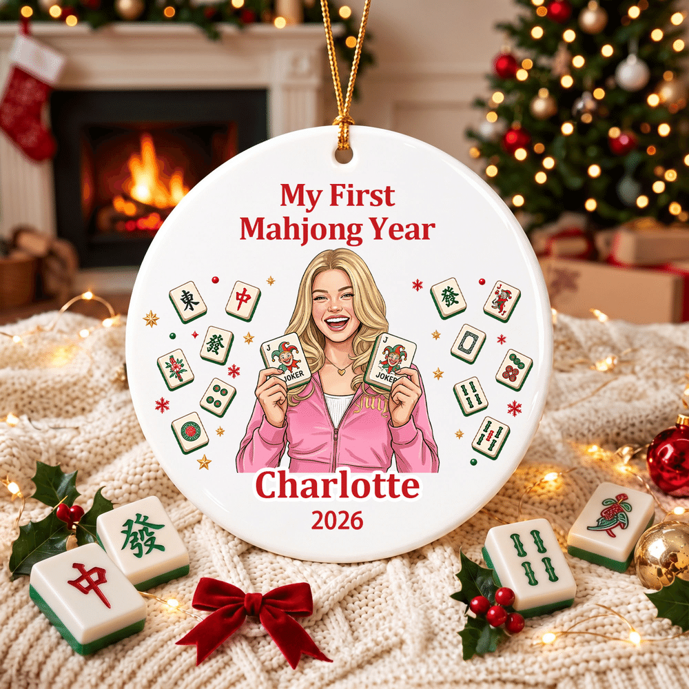 Adorno de cerámica con fichas de mahjong ilustradas con dibujos animados personalizados, con nombre y año; decoración navideña para el árbol; regalo para los amantes del mahjong 2