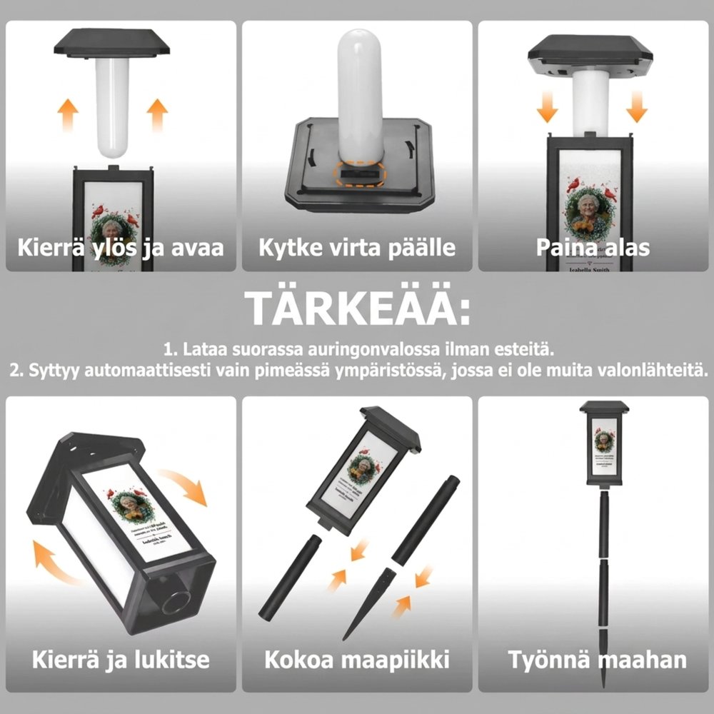 Yksilöity aurinkokennolyhty haudalle omalla valokuvalla ja tekstillä kaunis muistolyhty rakkaan läheisen muistamiseen pyhäinpäivänä 10