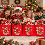 Borsa tote in juta rossa personalizzata con iniziali in perline, capiente, regalo di Natale per bambini e amici
