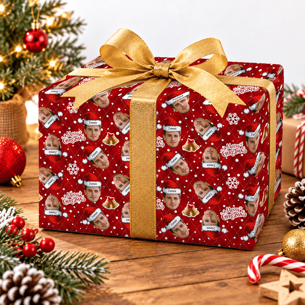 Personalised Santa Hat Golden Bell Face Photo Wrapping Paper with 1-6 Names Christmas Holiday Party Gift for Family Friends 3