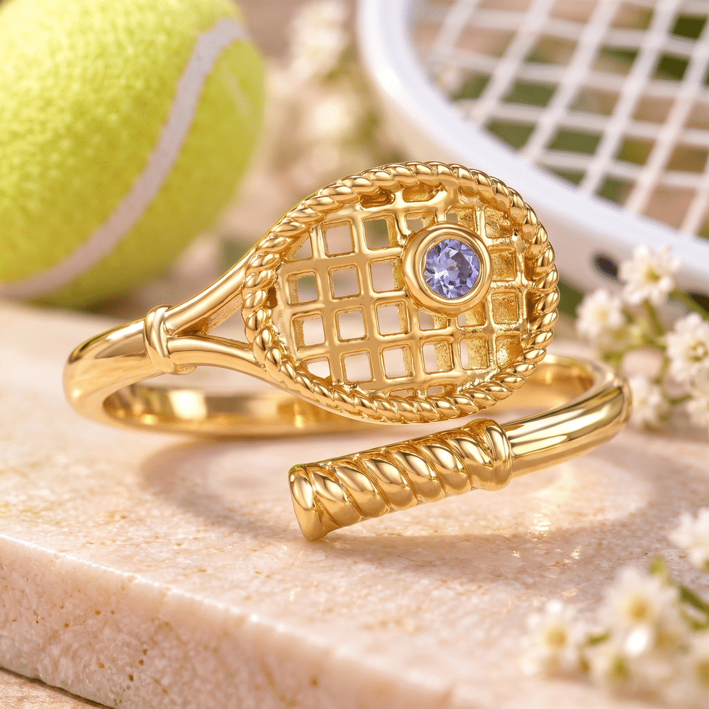 Personalized Tennis Racket Birthstone Ring Sports Jewelry Graduation Daily Wear Gift for Tennis Lovers Friends 5