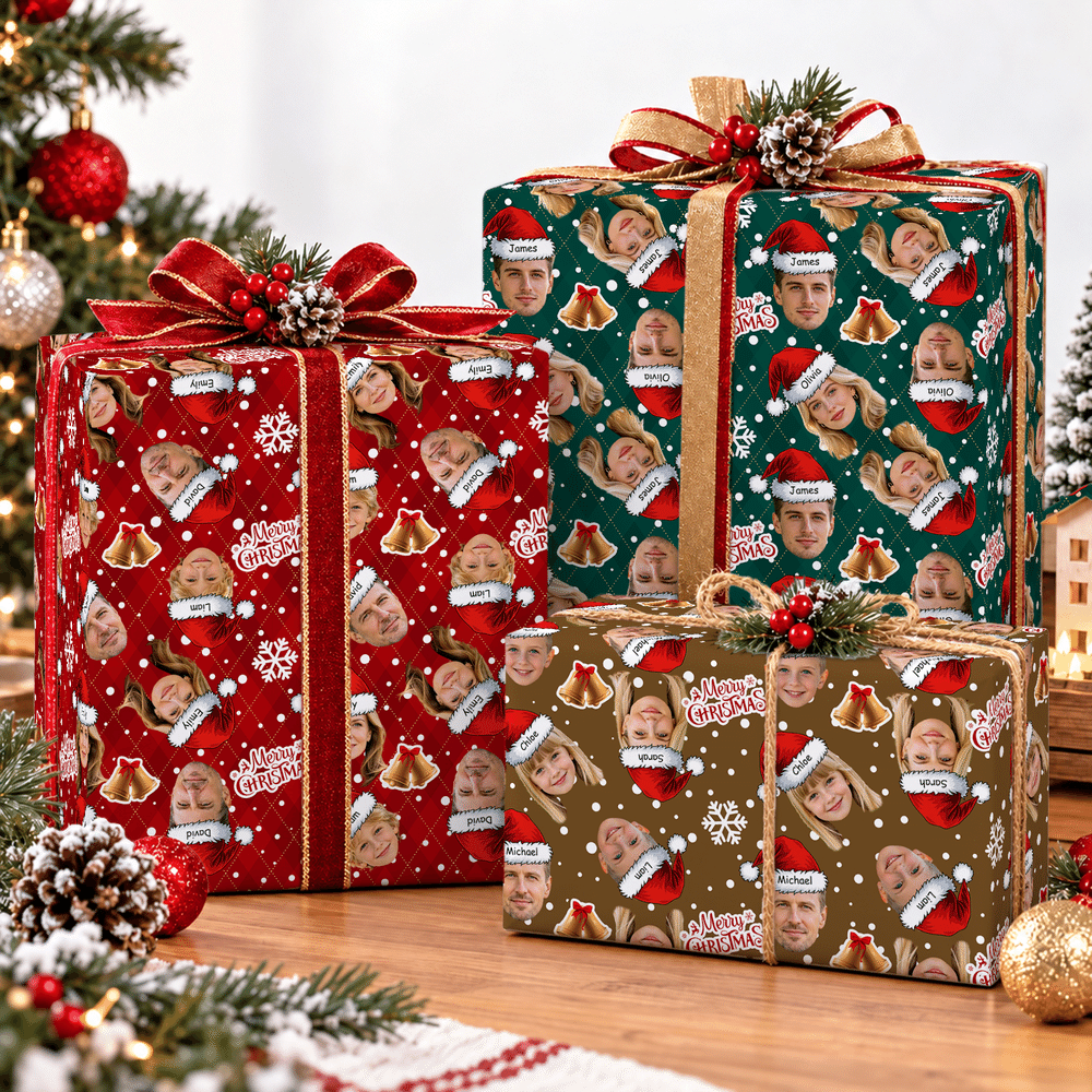 Personalised Santa Hat Golden Bell Face Photo Wrapping Paper with 1-6 Names Christmas Holiday Party Gift for Family Friends 4