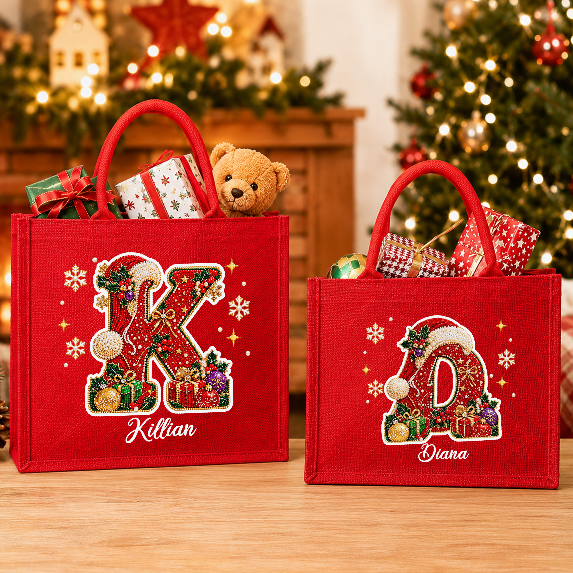 Personalised Christmas Beaded Initial Large Capacity Red Jute Tote Bag with Name Christmas Party Gift for Kids Friends