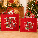 Borsa tote in juta rossa personalizzata con iniziali in perline, capiente, regalo di Natale per bambini e amici