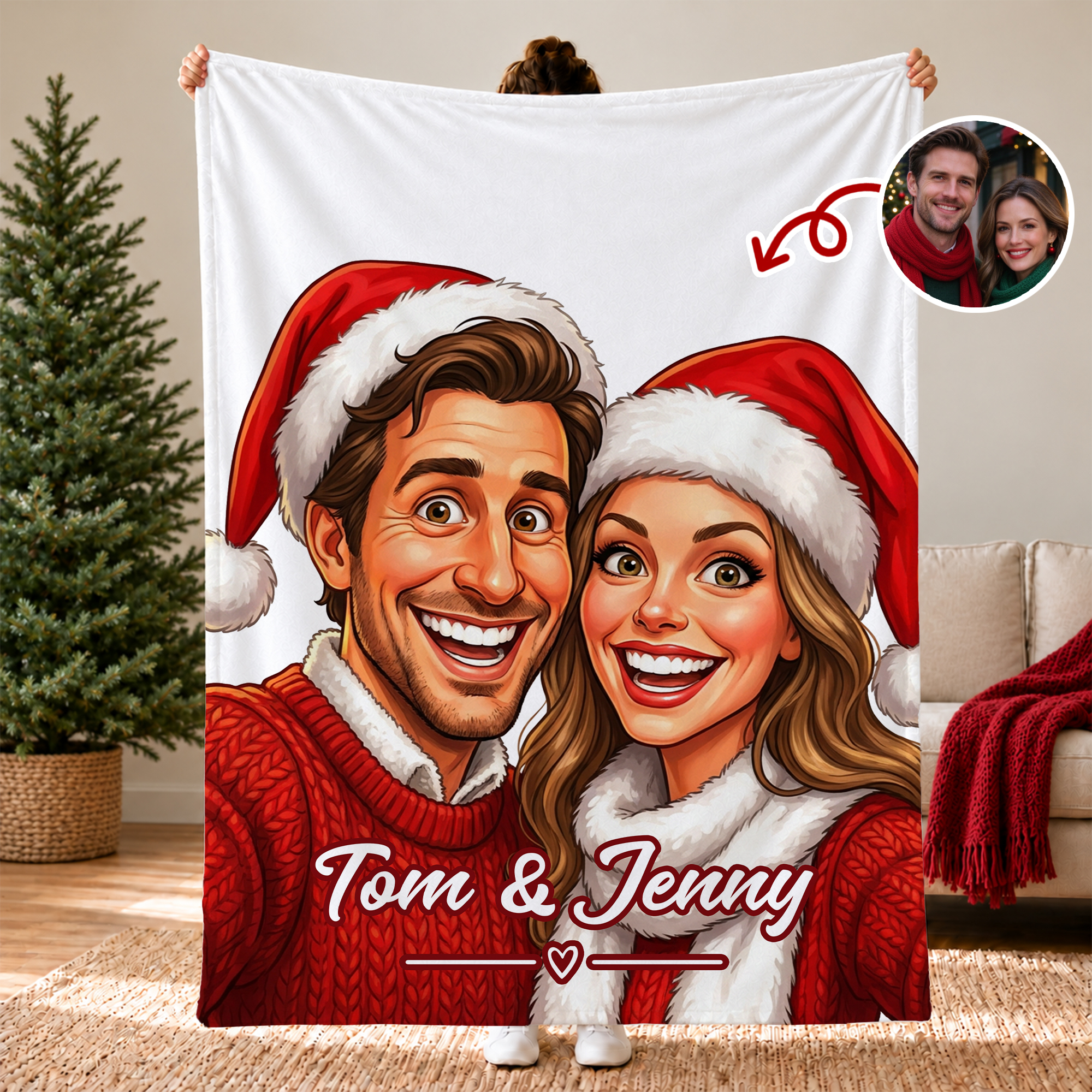 Personalised Christmas Comic Cartoon Photo Soft Throw Blanket with Text Home Decor Christmas Gift for Family Couple Friend