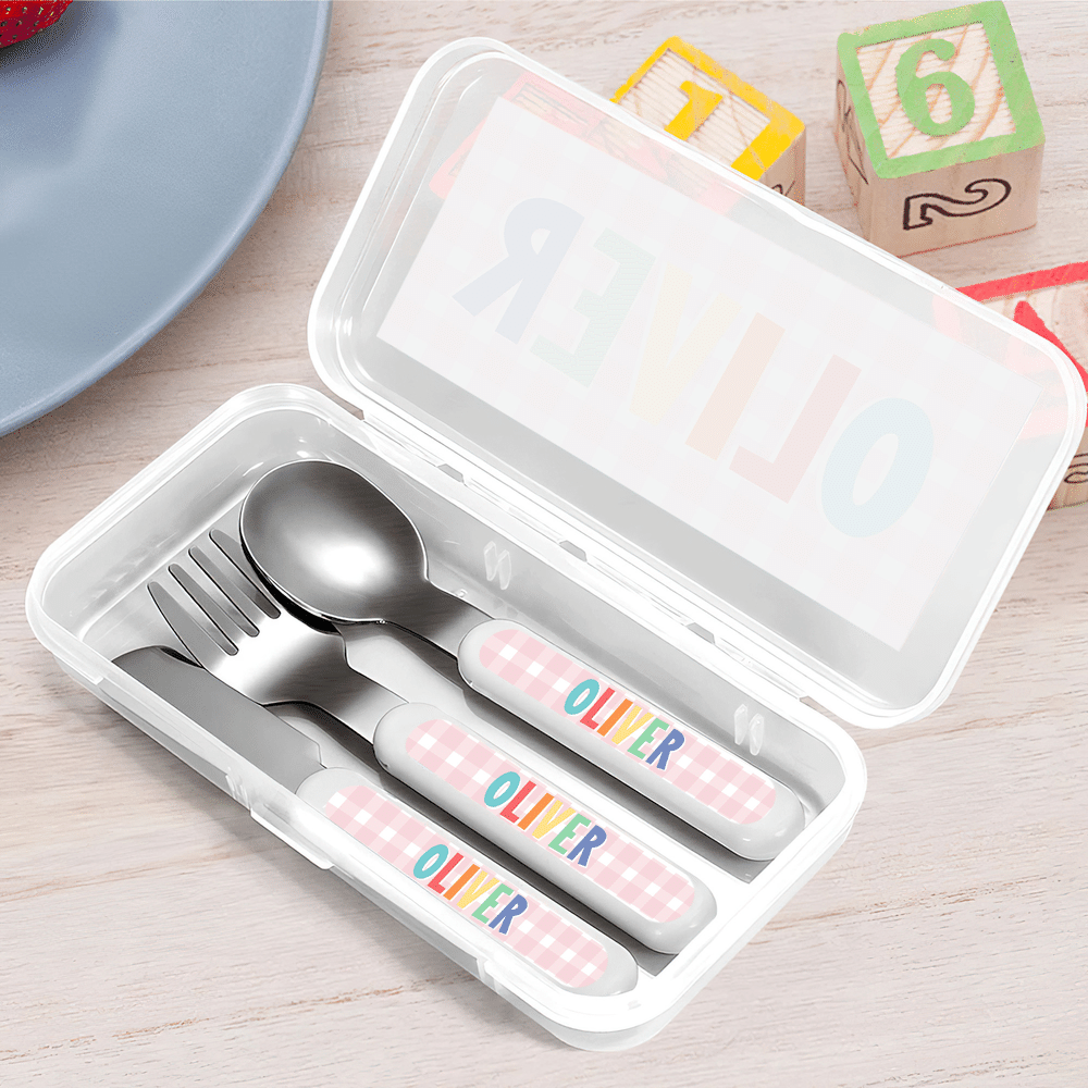 Juego de cubiertos de acero inoxidable de 3 piezas (tenedor, cuchara y cuchillo) con diseño personalizado en forma de cuadrícula, con nombre y estuche. Para uso diario. Regalo de cumpleaños para niños y niñas. 5
