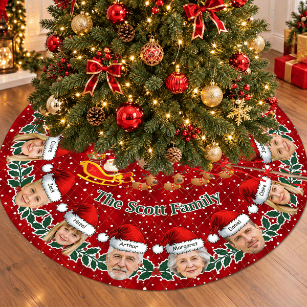 Faldón para árbol de Navidad personalizado con nombres y fotos (del 1 al 12). Decoración navideña para fiestas y el hogar. Regalo de Navidad para familiares y amigos.