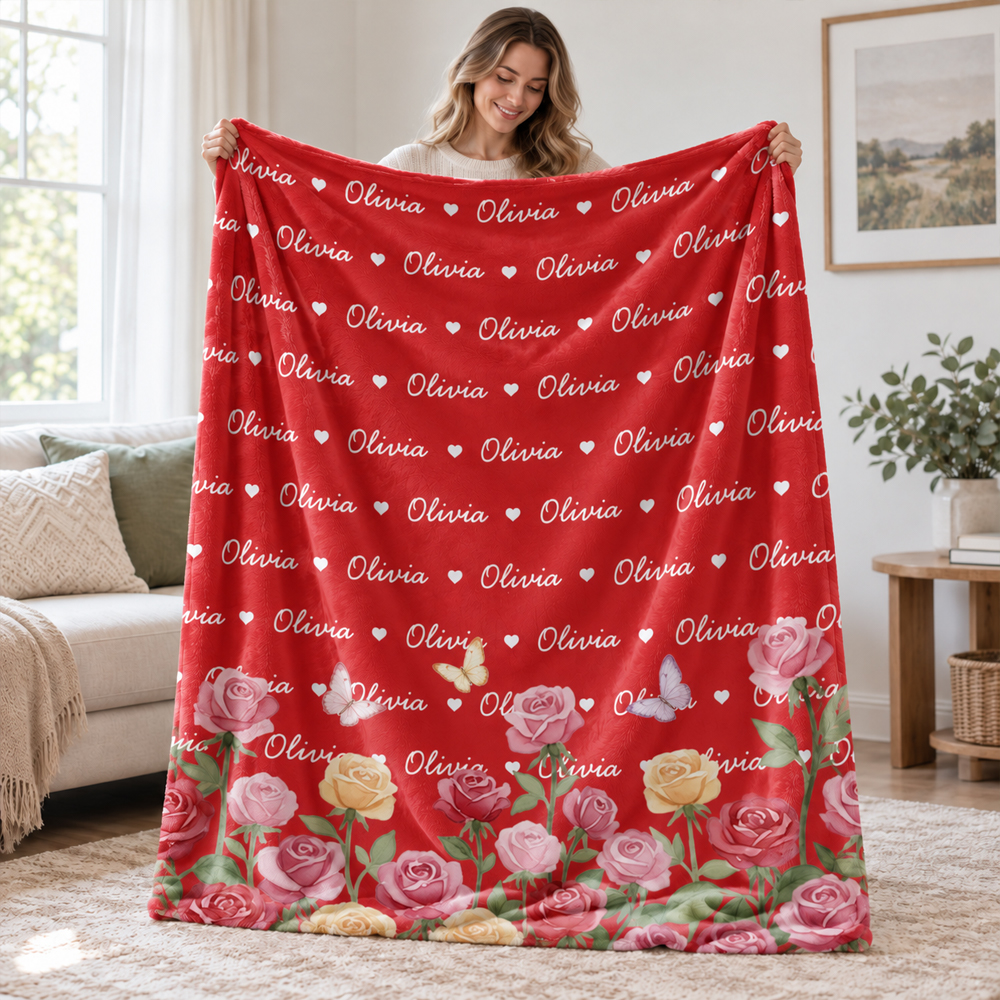 Personalised Birth Flower Word Cloud Soft Throw Blanket with Name Home Decor Christmas Birthday Gift for Family Friends