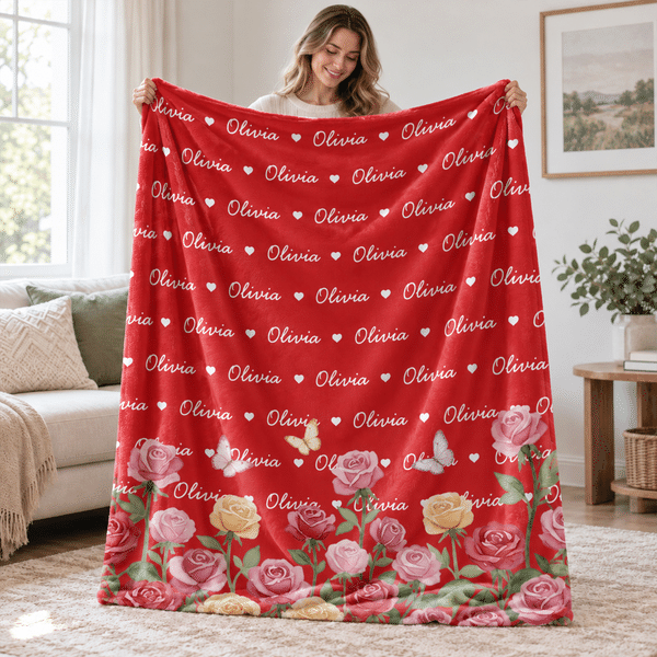 Personalized Birth Flower Word Cloud Soft Throw Blanket with Name Home Decor Christmas Birthday Gift for Family Friends