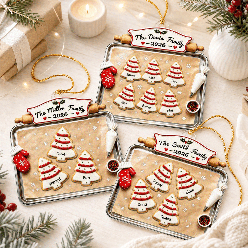 Personalised 3D-Effect Artwork Christmas Tree Biscuit Baking Pan Shaped Acrylic Ornament with 2-10 Names Christmas Gift for Family 4