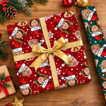 Personalised Santa Hat Golden Bell Face Photo Wrapping Paper with 1-6 Names Christmas Holiday Party Gift for Family Friends 1