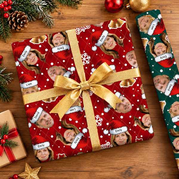 Personalised Santa Hat Golden Bell Face Photo Wrapping Paper with 1-6 Names Christmas Holiday Party Gift for Family Friends
