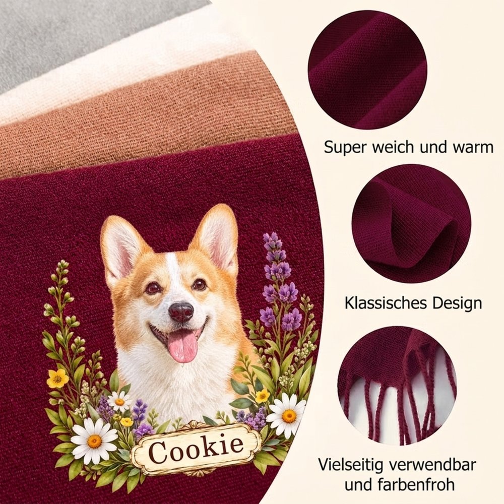Personalisierter Schal im floralen Haustier-Design | mit Foto & Namen | Weicher Fransenschal & Stola | Weihnachtsgeschenk für Hunde- & Katzenbesitzer 7