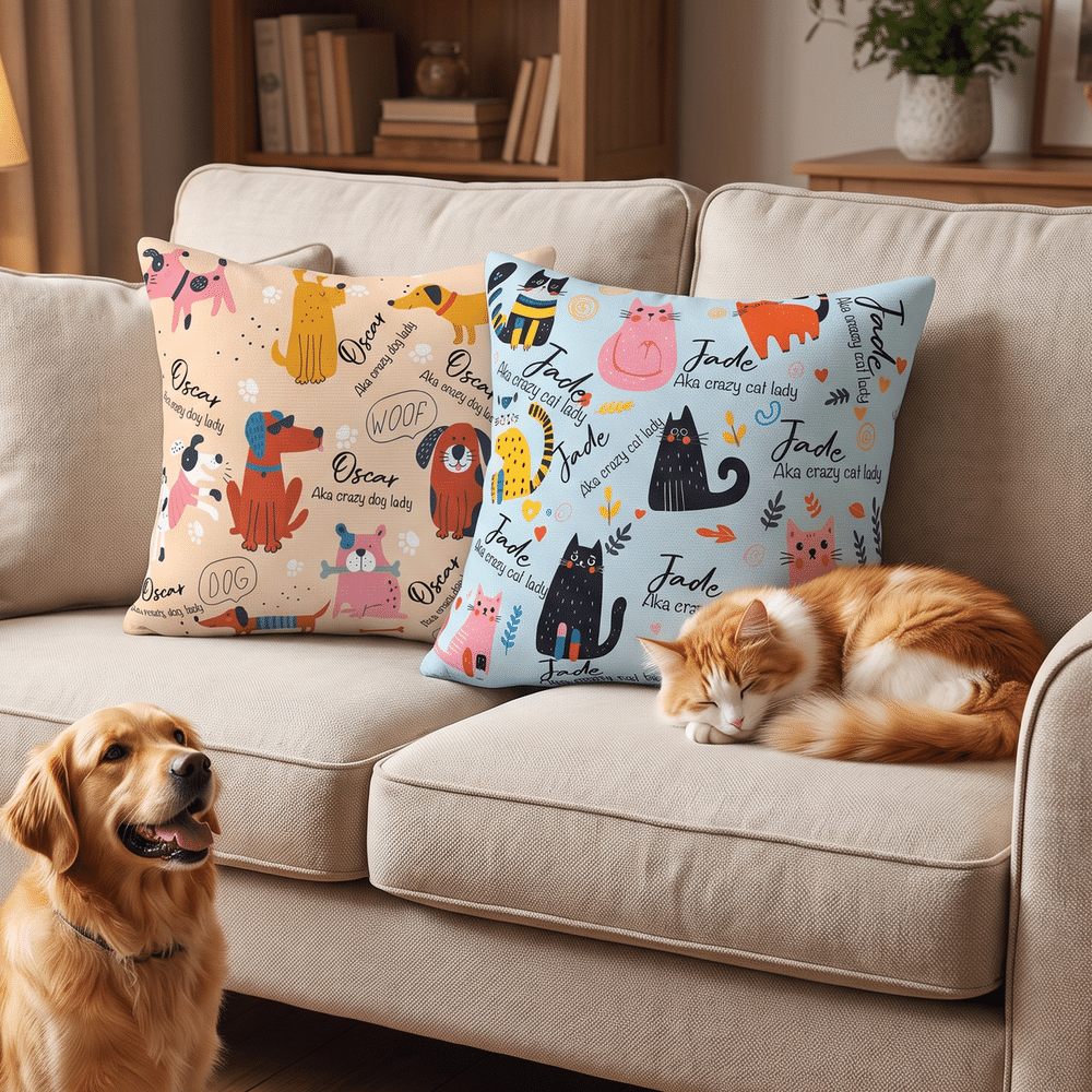 Funda de cojín mullida con ilustración personalizada de gatos y perros, con nombre. Decoración para el hogar. Regalo de Navidad para la familia y los amantes de las mascotas. 2