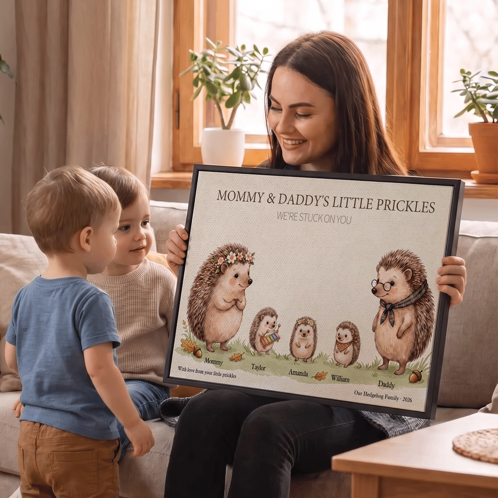 Personalised Cute Hedgehog Family Canvas Poster Frameless Framed Painting with 3-12 Names and Year Birthday Christmas Gift for Family Grandmother 4