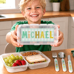 Juego de cubiertos de acero inoxidable de 3 piezas (tenedor, cuchara y cuchillo) con diseño personalizado en forma de cuadrícula, con nombre y estuche. Para uso diario. Regalo de cumpleaños para niños y niñas. 2