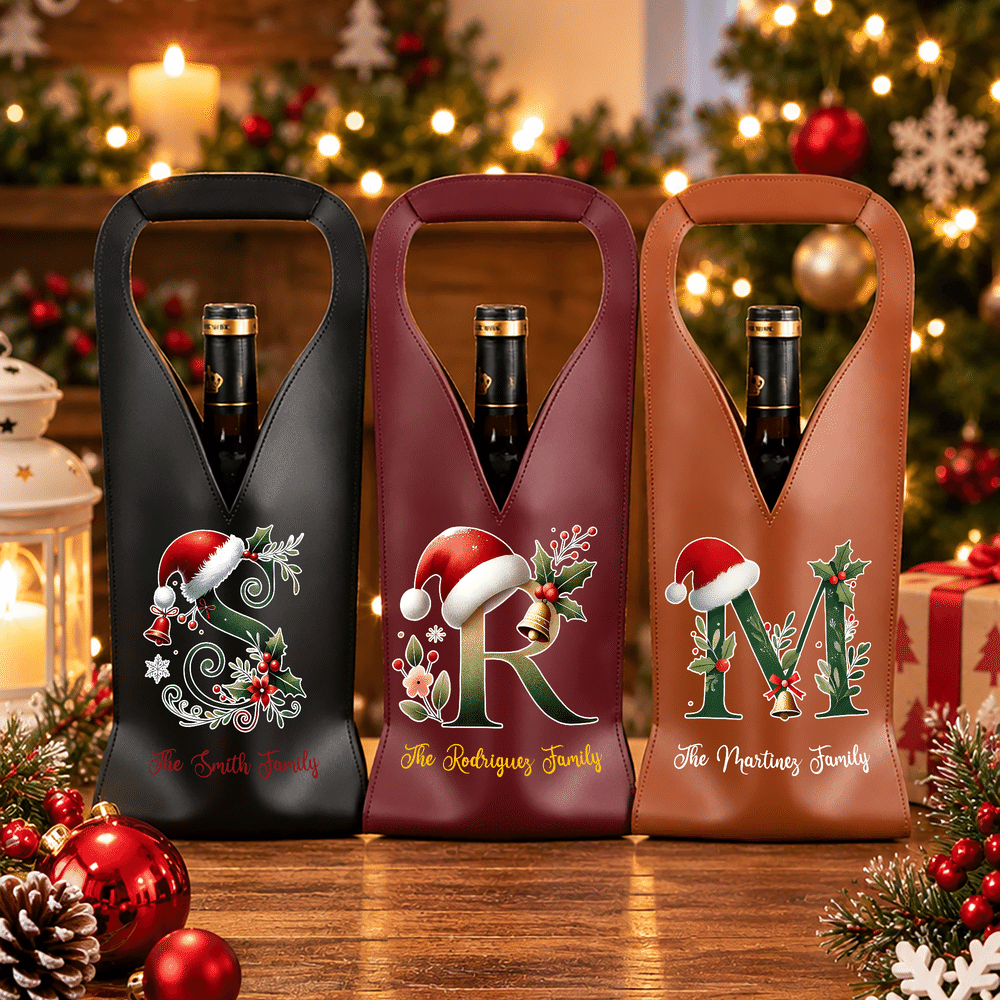 Personalized Christmas Initial Santa Hat Holly PU Leather Wine Gift Bag with Text Christmas Gift for Wine Lovers Family Friends 2