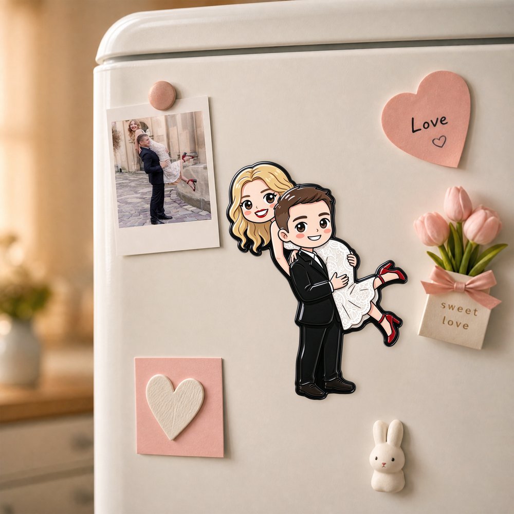 Personalized Cartoon Hand-Drawn Illustration Style Wedding Photo Fridge Magnet Anniversary Engagement Wedding Gift for Newlywed Couple 3