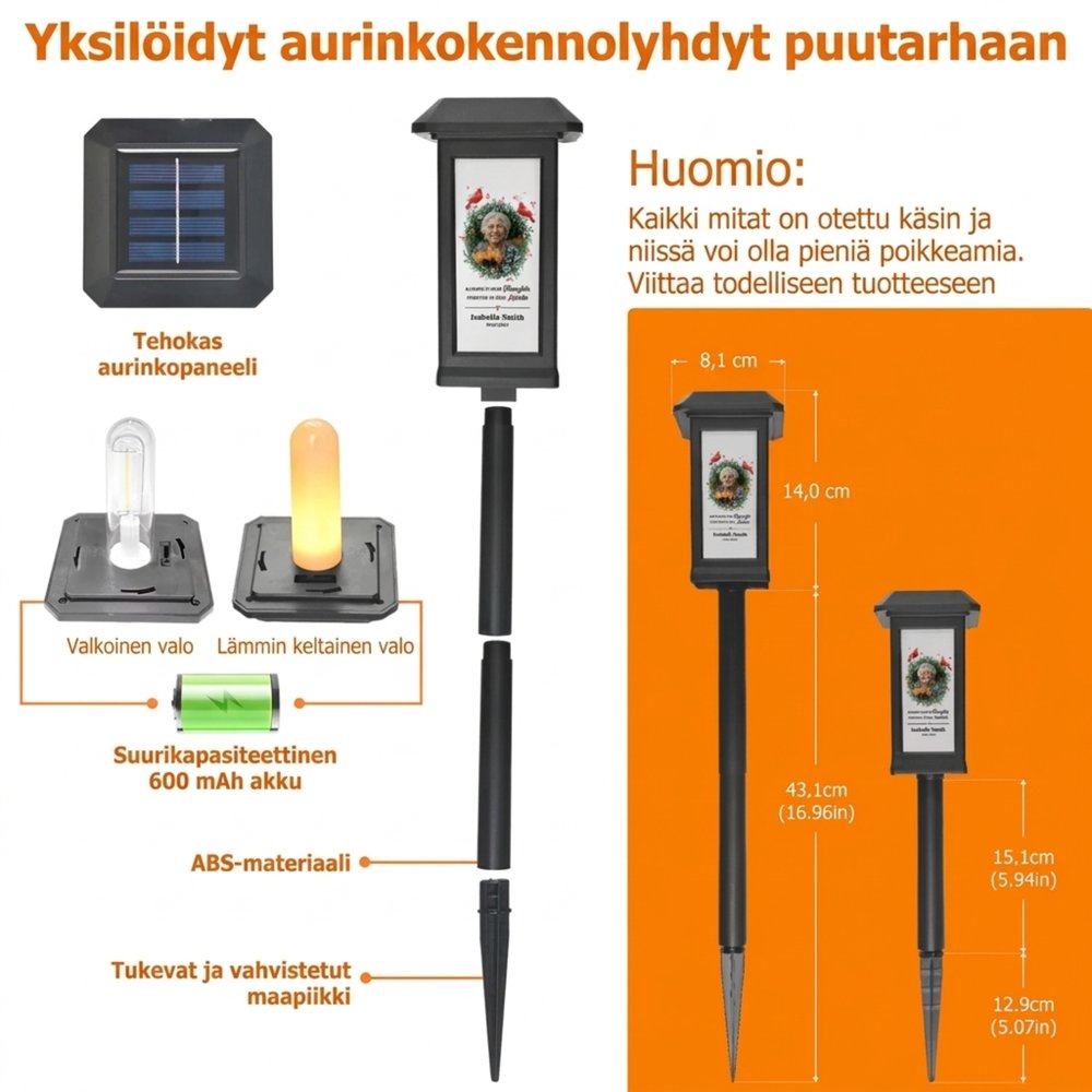 Yksilöity aurinkokennolyhty haudalle omalla valokuvalla ja tekstillä kaunis muistolyhty rakkaan läheisen muistamiseen pyhäinpäivänä 11
