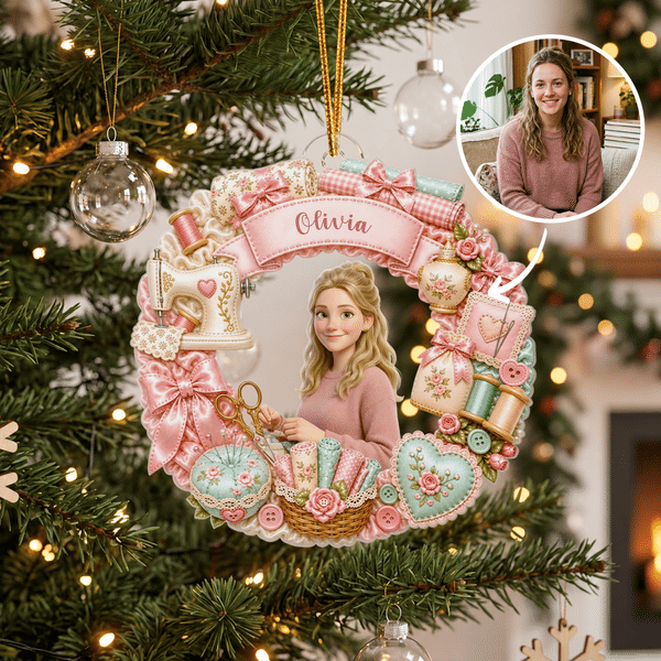 Personalized Sewing Theme Sweet Wreath Acrylic Ornament with Name and 4 Lanyards Home Decor Christmas Gift for Sewing Lover Mom Grandma Wife
