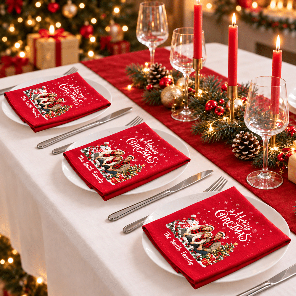 Personalized Santa Hat Photo 100% Cotton Red Christmas Napkin with Text Table Decor Christmas Gift for Family Friends 3