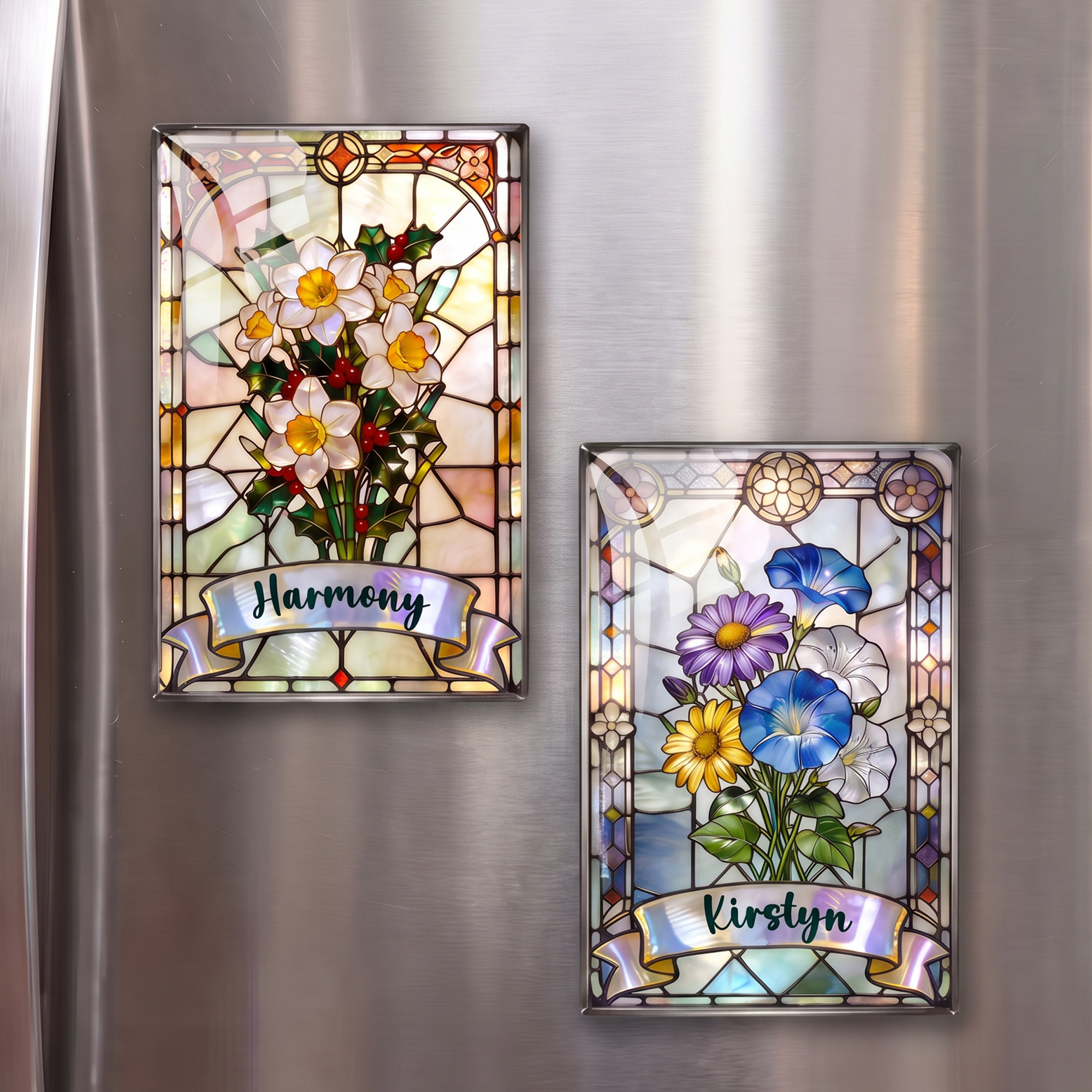 Personalized Stained Glass Style Birth Flower Fridge Magnet with Name Home Decor Birthday Christmas Gift for Family Friends