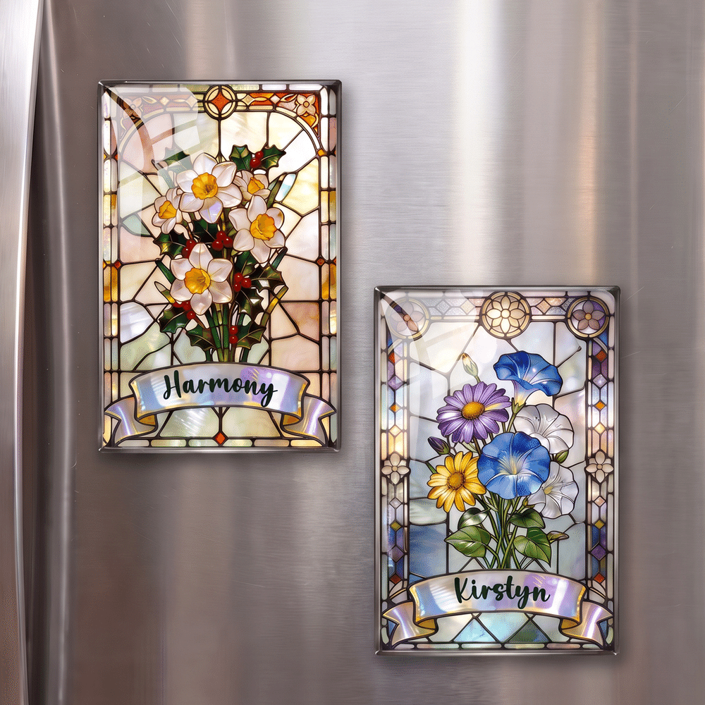 Personalized Stained Glass Style Birth Flower Fridge Magnet with Name Home Decor Birthday Christmas Gift for Family Friends 1