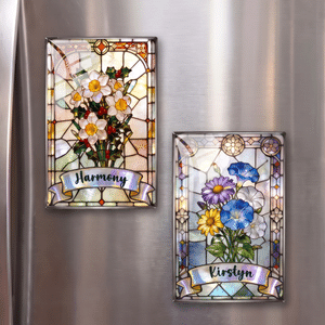 Personalized Stained Glass Style Birth Flower Fridge Magnet with Name Home Decor Birthday Christmas Gift for Family Friends