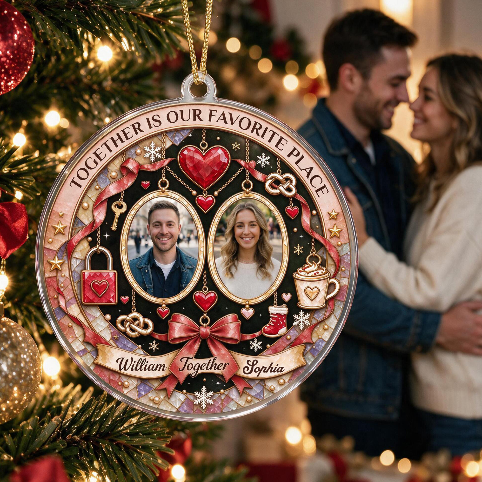 Personalised Love is the Greatest Treasure in Life Acrylic Ornament with Name and Photo Christmas Anniversary Gift for Couple