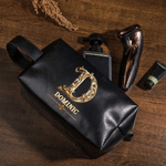 Personalized Ornate Baroque Initial Waterproof PU Leather Toiletry Bag with Name and Handle Travel Wedding Birthday Gift for Man Groomsman