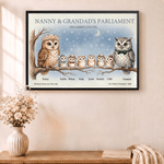 Póster en lienzo con diseño personalizado de un búho de dibujos animados, cuadro sin marco con 3-12 nombres, título y año; regalo navideño para familiares y amigos 7