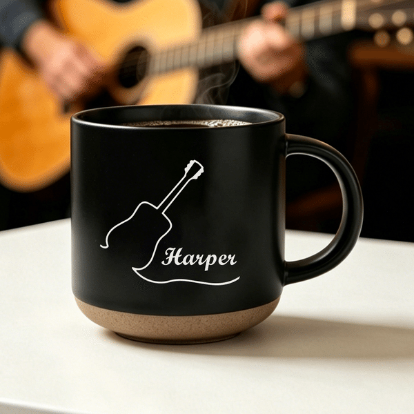 Personalized Line Art Guitar 12 oz Ceramic Mug with Name Daily Use Anniversary Christmas Gift for Guitarist Music Lover