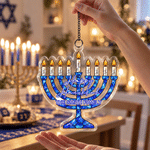 Décoration d'intérieur personnalisée : menorah en acrylique avec motif de vitrail et prénom de famille, à suspendre, pour Hanoukka – Cadeau de fête pour vos amis et votre famille juifs 3