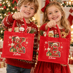 Borsa tote in juta rossa personalizzata con iniziali in perline, capiente, regalo di Natale per bambini e amici