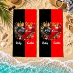 Personalized Love Theme King Queen Crown Rose Oversized Quick Dry Beach Towel with Name Summer Vacation Birthday Gift for Couple