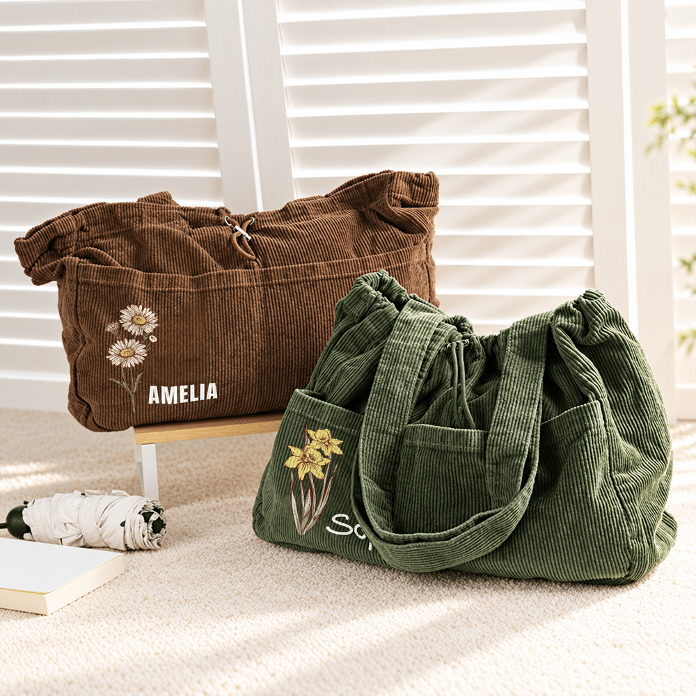 Personalised Birth Flower Large Capacity Corduroy Tote Bag with Name and Drawstring Closure Daily Use Birthday Christmas Gift for Woman Friend 2