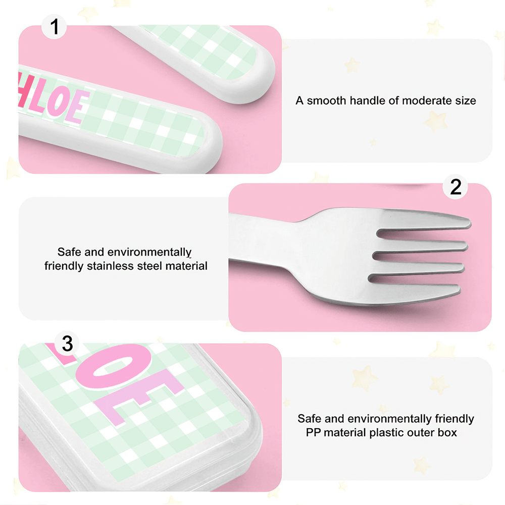 Juego de cubiertos de acero inoxidable de 3 piezas (tenedor, cuchara y cuchillo) con diseño personalizado en forma de cuadrícula, con nombre y estuche. Para uso diario. Regalo de cumpleaños para niños y niñas. 7