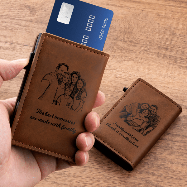 Personalised Sketch Family Photo Slim RFID Blocking Pop Up Card Holder Wallet with Text Christmas Father's Day Gift for Men Dad