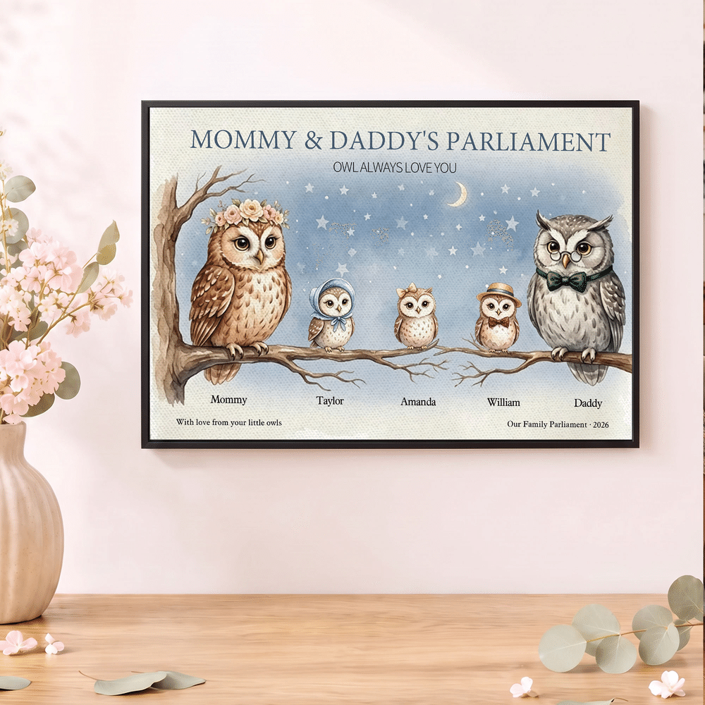 Póster en lienzo con diseño personalizado de un búho de dibujos animados, cuadro sin marco con 3-12 nombres, título y año; regalo navideño para familiares y amigos 3