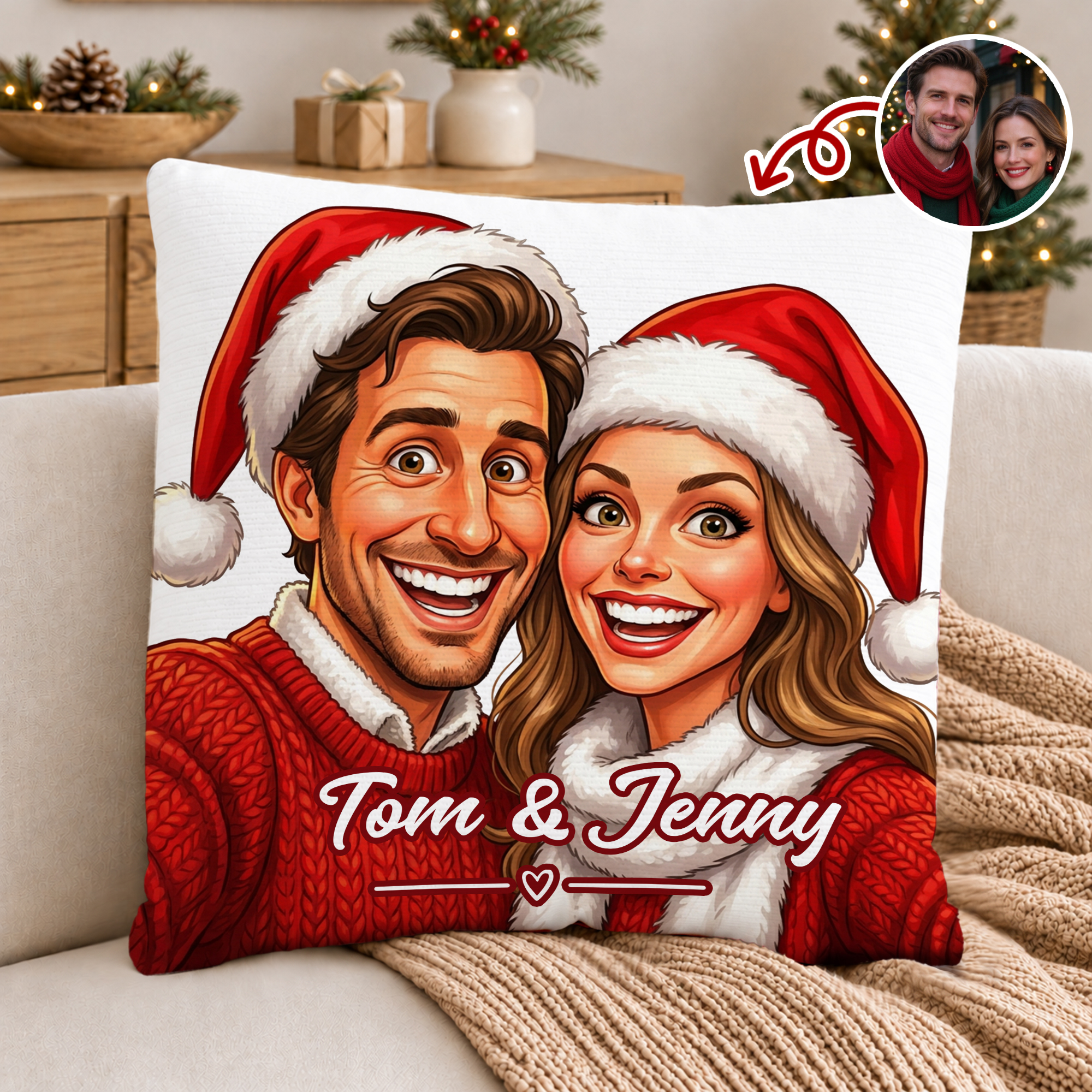 Personalized Christmas Theme Exaggerated Comic Photo Throw Pillow Cover with Text Home Decoration Anniversary Christmas Gift for Couple Family Friend