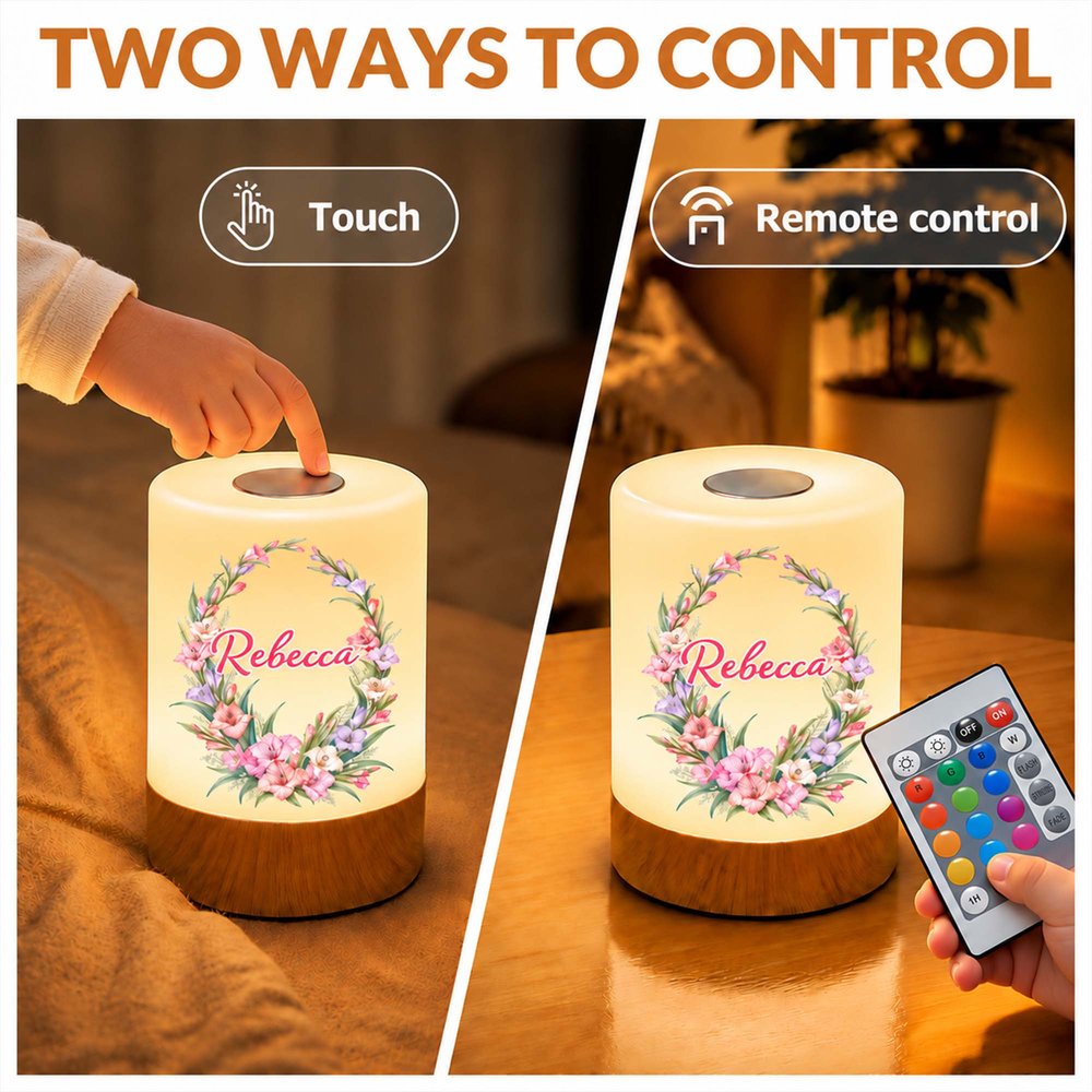 Individuell gestalteter Kranz mit Geburtsblumen – dimmbares LED-Touch-Nachtlicht mit Namen und Fernbedienung – Wohnaccessoire und Geburtstagsgeschenk für Frauen und Mütter 4