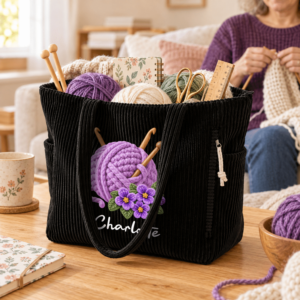 Personalized 3D-Effect Artwork Birth Flower Yarn Ball Knitting Needle Corduroy Tote Bag with Name Daily Use Birthday Gift for Mom Grandma Knitter 4