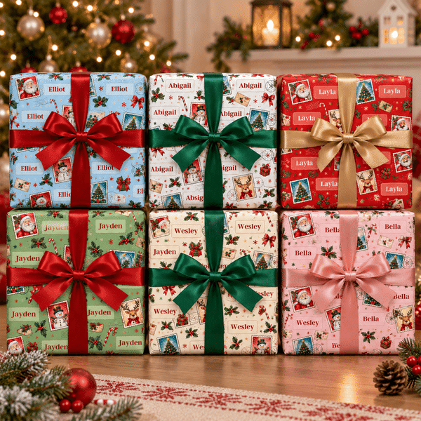 Personligt julmotiv – stämpel, bokstavsdesign, namntåg, presentpapper, julklappsförpackning, present till barn, vänner och familj