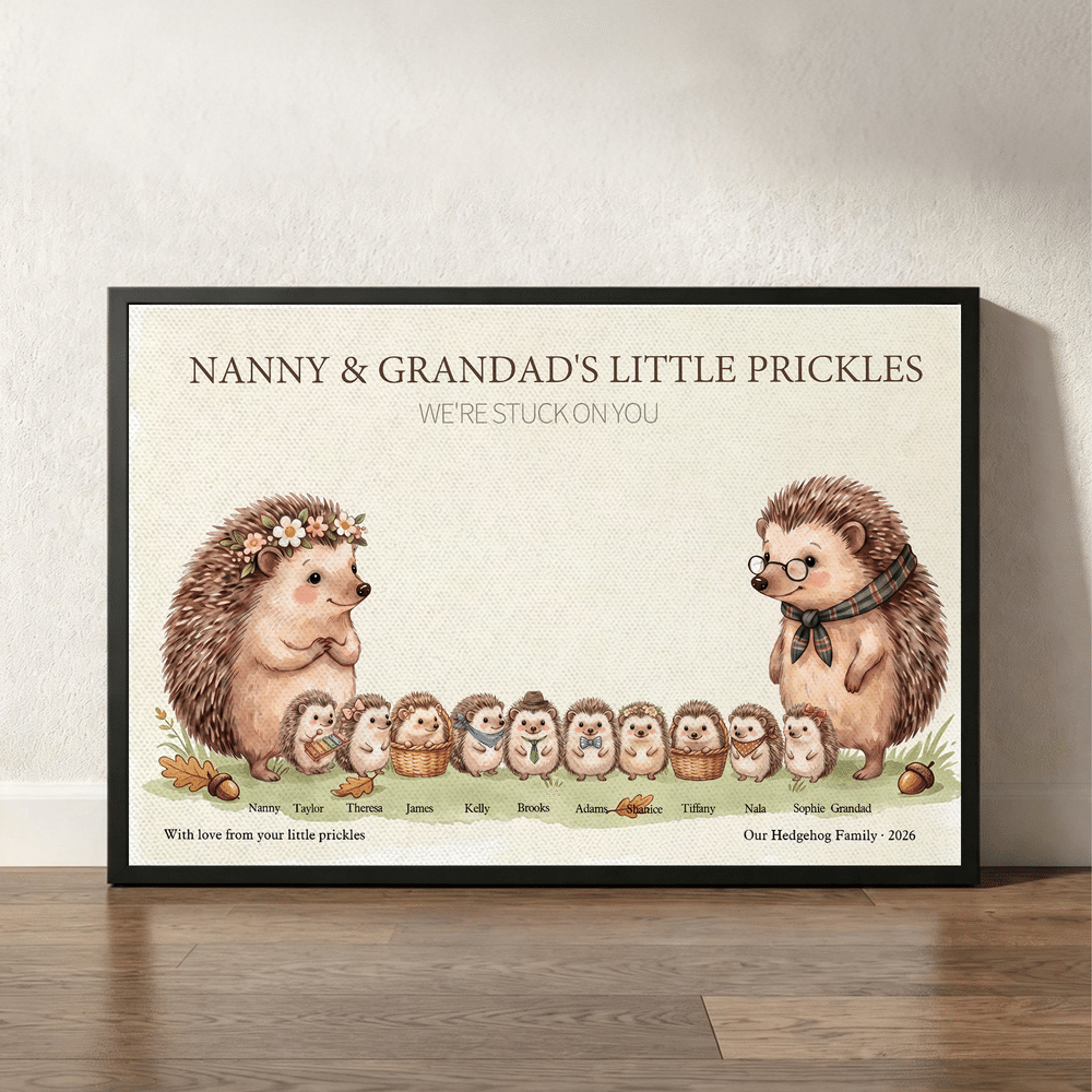Personalised Cute Hedgehog Family Canvas Poster Frameless Framed Painting with 3-12 Names and Year Birthday Christmas Gift for Family Grandmother 1