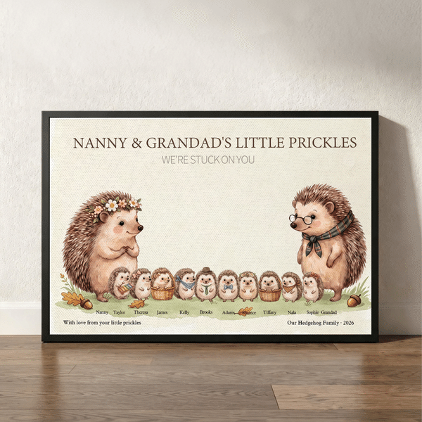 Personalised Cute Hedgehog Family Canvas Poster Frameless Framed Painting with 3-12 Names and Year Birthday Christmas Gift for Family Grandmother