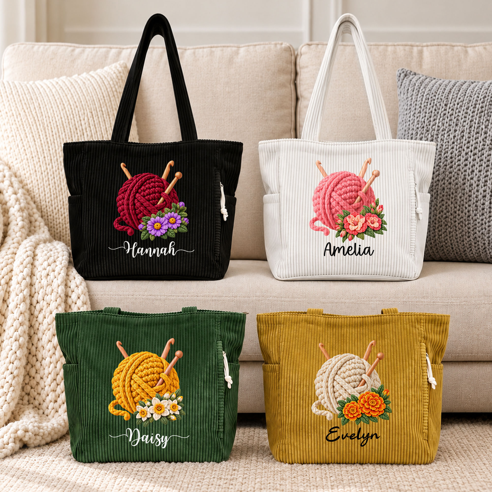 Personalised 3D-Effect Artwork Birth Flower Yarn Ball Knitting Needle Corduroy Tote Bag with Name Daily Use Birthday Gift for Mum Gran Knitter