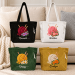 Personalized 3D-Effect Artwork Birth Flower Yarn Ball Knitting Needle Corduroy Tote Bag with Name Daily Use Birthday Gift for Mom Grandma Knitter 1