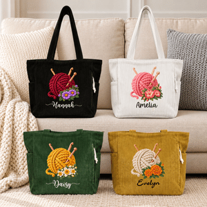 Personlig 3D-effekt-kunstverk med fødselsblomst, garnball og strikkepinner – totebag i kordfløyel med navn – til daglig bruk, bursdagsgave til mor, bestemor eller strikker