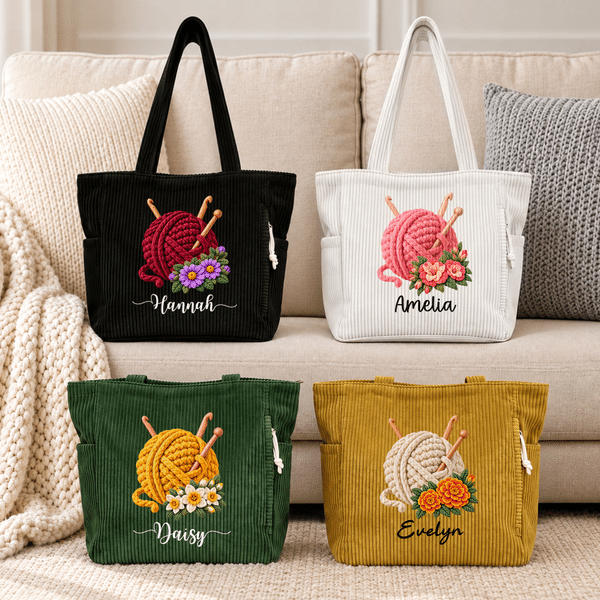 Personalized 3D-Effect Artwork Birth Flower Yarn Ball Knitting Needle Corduroy Tote Bag with Name Daily Use Birthday Gift for Mom Grandma Knitter